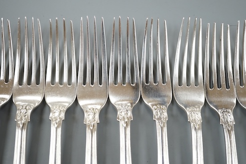 A set of nine early Victorian silver Queen's pattern dessert forks, William Eaton, London, 1837, 18oz.